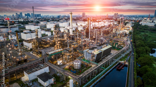 Aerial view of Oil and gas industry - refinery, Shot from drone of Oil refinery and Petrochemical plant , Bangkok, Thailand