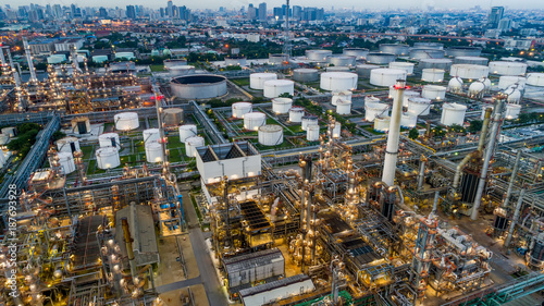 Aerial view of Oil and gas industry - refinery, Shot from drone of Oil refinery and Petrochemical plant , Bangkok, Thailand