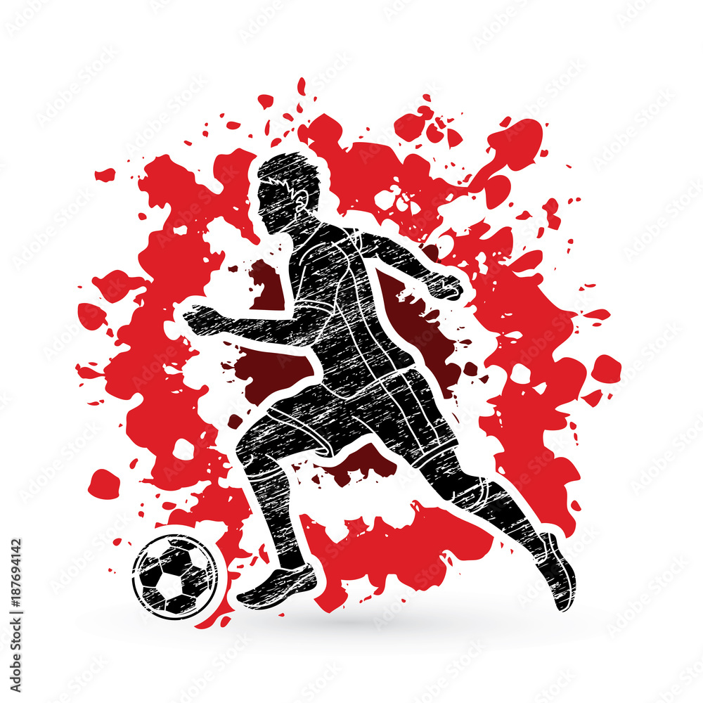 Fototapeta premium Soccer player running with soccer ball action designed on splatter ink background graphic vector