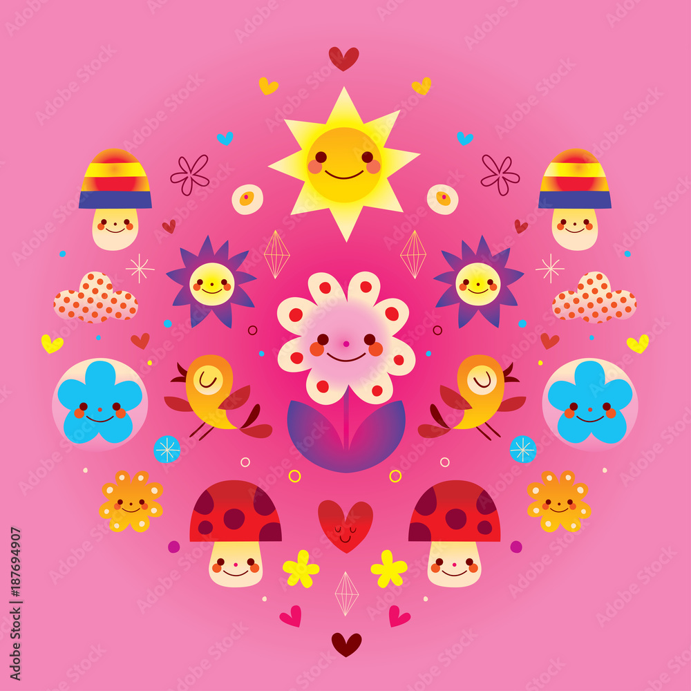 Fototapeta premium cute cartoon mushrooms flowers hearts & birds nature illustration