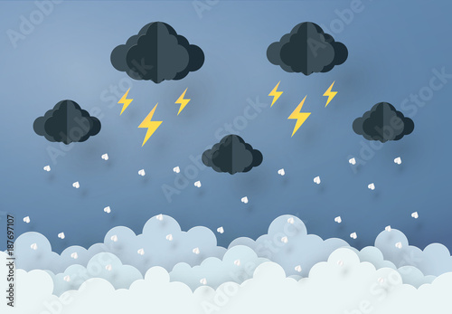 Paper art design style the concept is rainy season, Cloud and rain on dark background , vector design element illustration