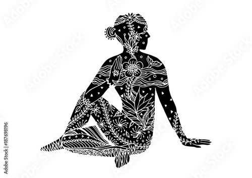 yoga Seated Half Spinal Twist pose 7 chakra vector flower floral leaf hand drawing zentangle illustration design (Ardha Matsyendrasana)