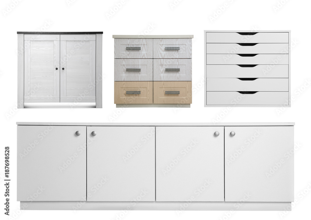 Set of modern wardrobes on white background Set of modern wardrobes on white background
