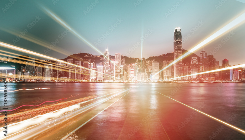 Fototapeta premium double exposure with traffic light in the Hong Kong city 