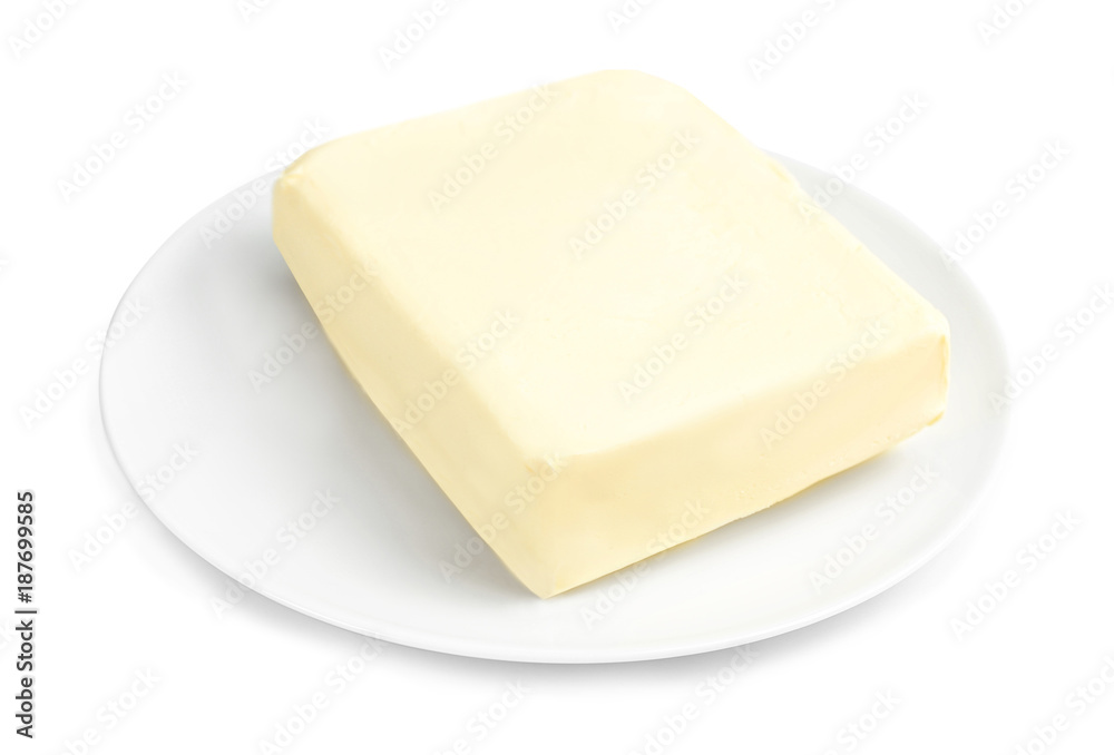 Plate with healthy fresh butter on white background Plate with healthy fresh butter on white background