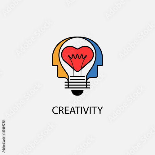 Creative light bulb,Heart icon and Human heads vector design banner template.Corporate business and industrial creative logotype symbol.Brainstorming and teamwork concept.Vector illustration
