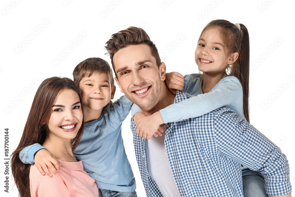 Happy family with little children on white background Happy family with little children on white background