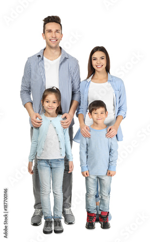 Happy family with little children on white background