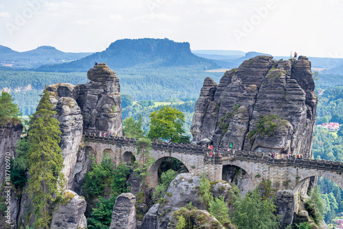 DRESDEN, GERMANY - JULY 16, 2016: Tourists visit Bastei Park. This is a major attraction in Saxony