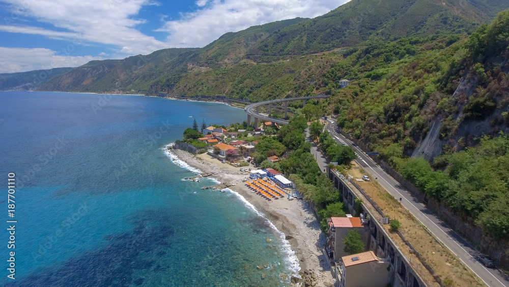 Panoramic aerial view of Scilla coastline and beaches in summer, Calabria - Italy