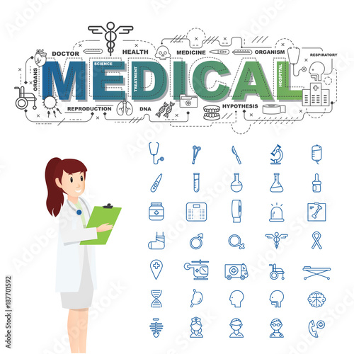 Physician with medical icons set on white background
