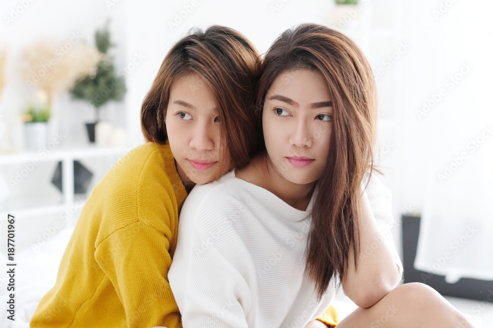 Lgbt Young Cute Asia Lesbian Couple Happy Moment Homosexual Lesbian