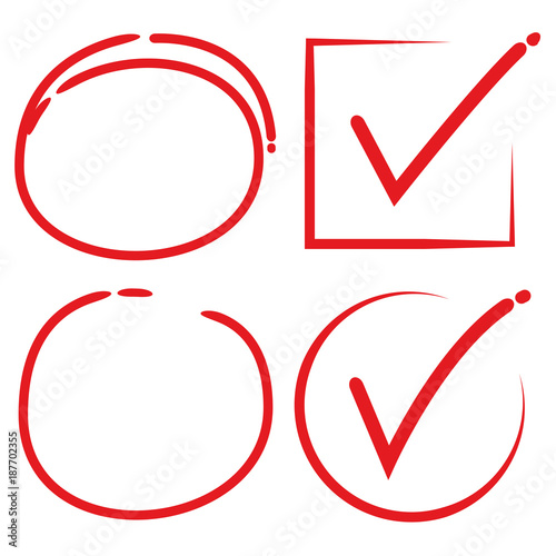 red hand drawn check marks and  circle markers