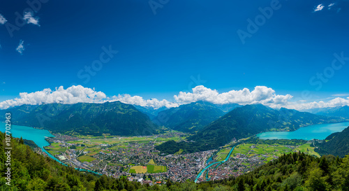 The beautiful panorama of Interlaken valley and Thunersee river through the city photo