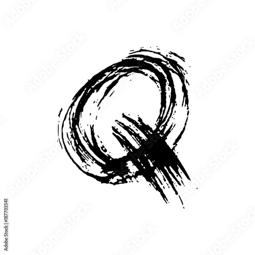 Letter Q. Handwritten by dry brush. Rough strokes font. Vector illustration. Grunge style elegant alphabet.