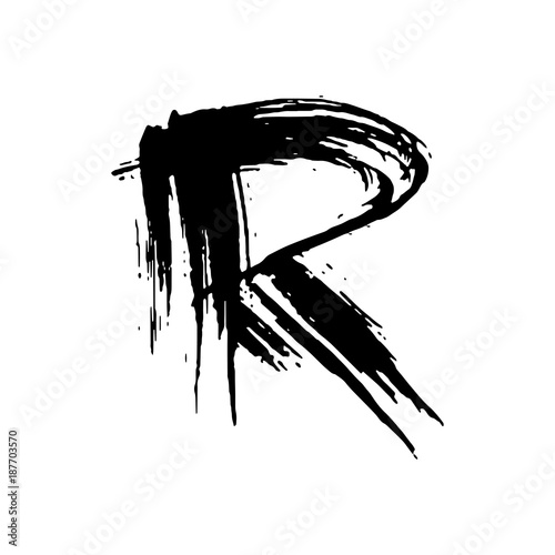 Letter R. Handwritten by dry brush. Rough strokes font. Vector illustration. Grunge style elegant alphabet.