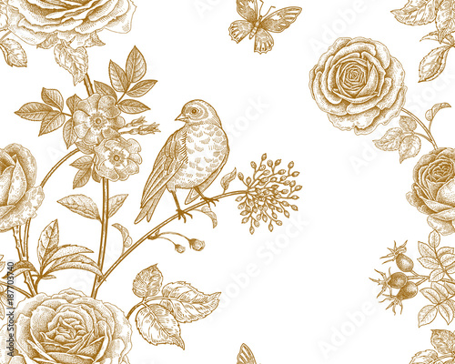 Seamless pattern with garden flowers and birds.