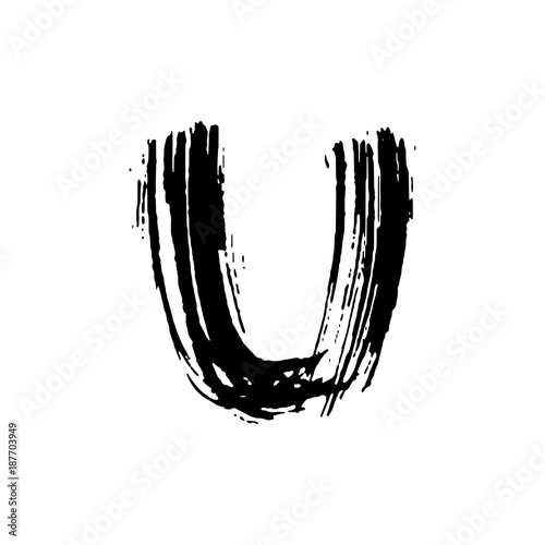 Letter U. Handwritten by dry brush. Rough strokes font. Vector illustration. Grunge style elegant alphabet.