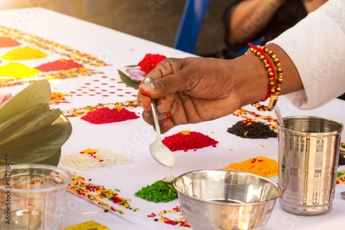 Blurred The ceremony of Brahmins with God Genesha of india. photo