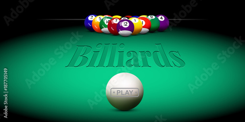 Vector billiard illustration. Green billiard table with balls. 