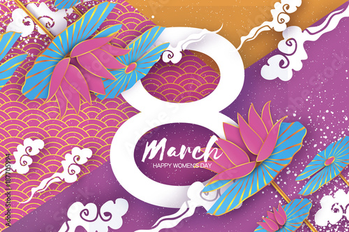 Lotus Floral Greeting card in paper cut style. 8 March. Happy Women's Mother's Day. Origami Water lily flower holiday. Eight number. Cloud. Spring blossom. Seasonal holiday.