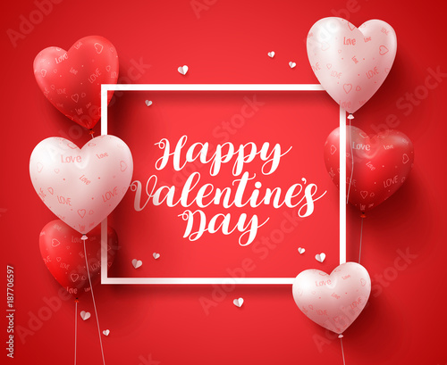 Happy valentines day banner design typography text with red heart shape balloons and elements in a boarder for valentines day greeting card. Vector illustration.
