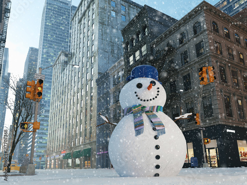 Obraz na plátne blizzard in new york city. build snowman. 3d rendering
