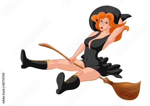 Red hair witch in black dress on a broom. Halloween pin up vector illustration.