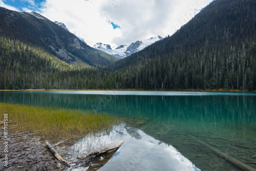 First lake of Joffre Lakes Provincial Park. Pemberton British Columbia Canada. Cloudy day and lake reflection. 
