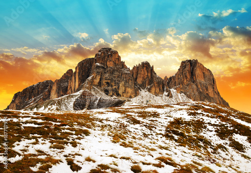 Mountain group Sassolungo (Langkofel) at sunset. Beautiful landscape in Dolomites. Province of Trento, South Tyrol, Italy.