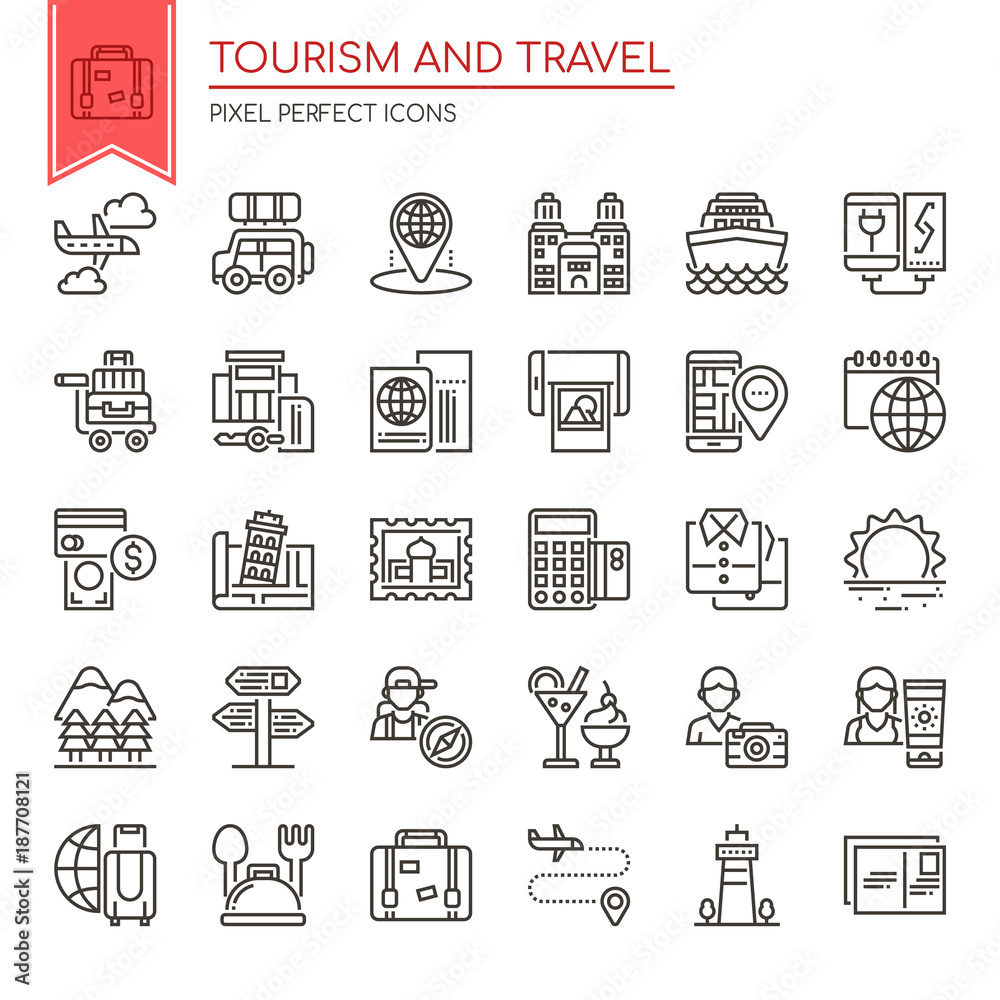 Tourism and Travel , Thin Line and Pixel Perfect Icons. Tourism and Travel , Thin Line and Pixel Perfect Icons.