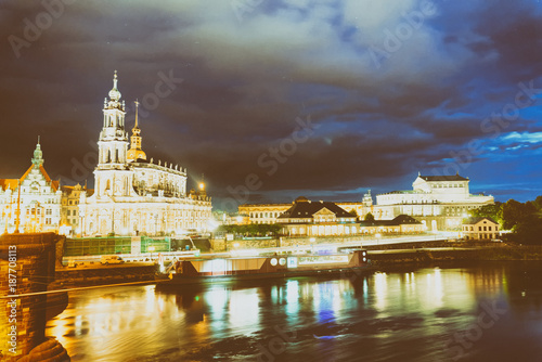 Night view of Dresden ancient buildings along Elba river