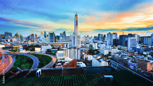 City Skyline, Bangkok, Thailand Bangkok is the capital city of Thailand and the most populous city in the country. Aerial view interchange of a city, Shot from Airplane at sunrise or sunset.