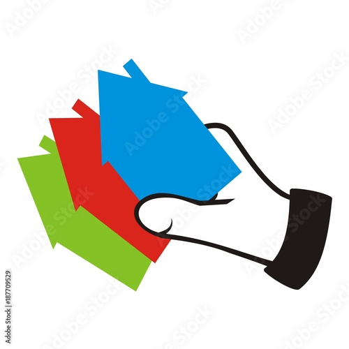 Hand and three houses. Three differently colored houses, vector icon.