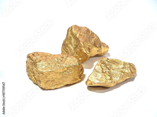 macro Gold ore in the boulder , precious stone..Gold gemstones are mined from gold mines on white background.