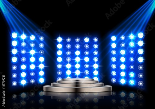 Stage podium with spotlights on dark background