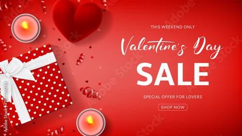 Red Promo Web Banner for Valentine's Day Sale. Top view on composition with gift box, case for ring, candles and confetti on Red Background. Vector illustration with Seasonal Discount Offer.