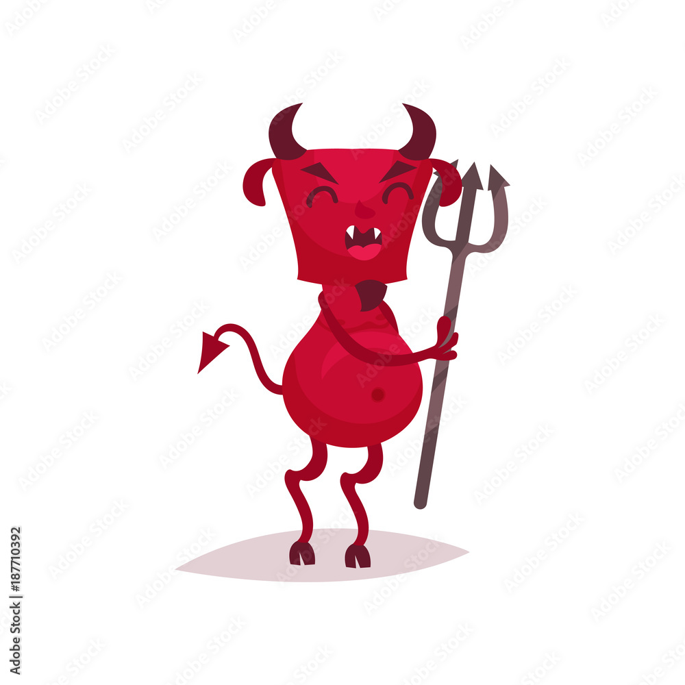 Funny devil with horns and tail holding trident, red demon cartoon character  vector Illustration Stock Vector | Adobe Stock