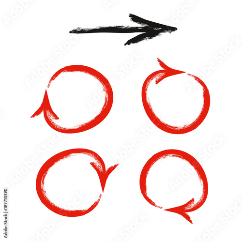 Arrows set, hand-painted black and red brush stroke. Vector.