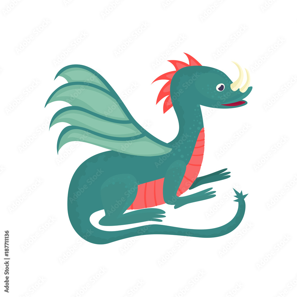 Fototapeta premium Cute cartoon baby dragon character, mythical animal, fantasy reptile vector Illustration