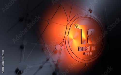 Tantalum chemical element. Sign with atomic number and atomic weight. Chemical element of periodic table. Molecule and communication background. Connected lines with dots. 3D rendering photo