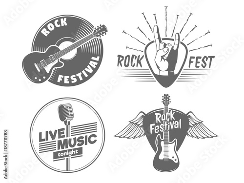 Rock fest badges. Vintage vector logos for rock concert of live music show