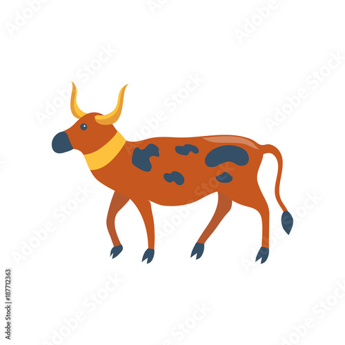 Ancient spotted cow with golden collar cartoon vector Illustration