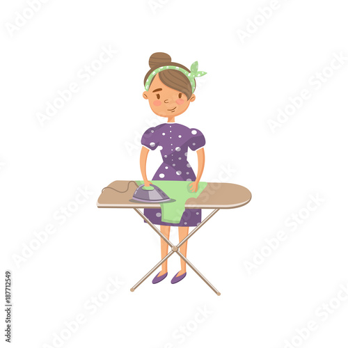 Young woman in casual clothing ironing clothes on an ironing board, housewife in housework activity cartoon vector Illustration
