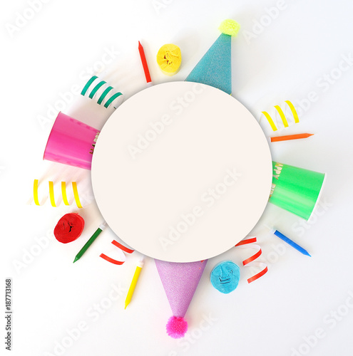 Festive bright decor for birthday on a white background. Top view