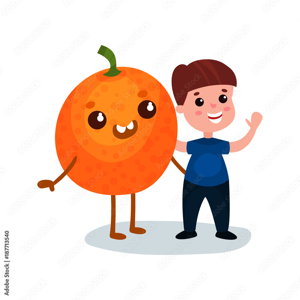 Cute little boy having fun with smiling giant orange fruit character