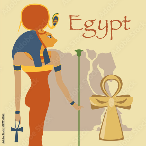 Egypt, Hathor Goddess and Ankh cross, symbols of traditional Egyptian culture vector illustration, design element for poster or banner