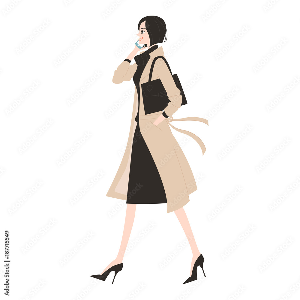 Illustration of a woman walking while calling. Illustration of a woman walking while calling.