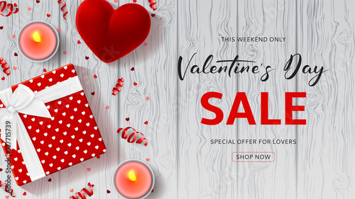 Happy Valentine's Day Sale Promo Web Banner. Top view on composition with gift box, case for ring, candles and confetti on Wooden Texture. Vector illustration with Seasonal Discount Offer.
