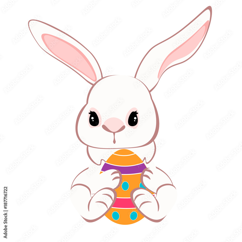 Naklejka premium Cute bunny sitting with colorful eggs.